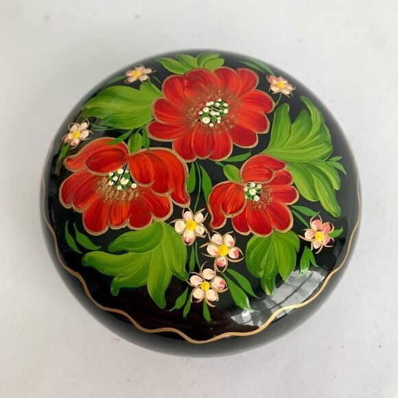 Vintage Ukraine Ukrainian Hand-Painted Trinket Bowl Dish Lidded Floral Lacquered - Picture 1 of 6